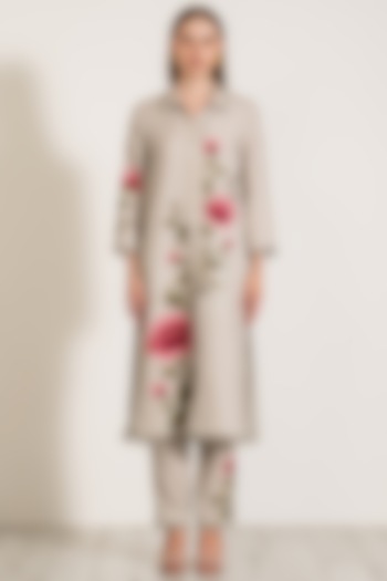Grey Viscose Linen Embroidered Tunic Set by Ranna Gill at Pernia's Pop Up Shop