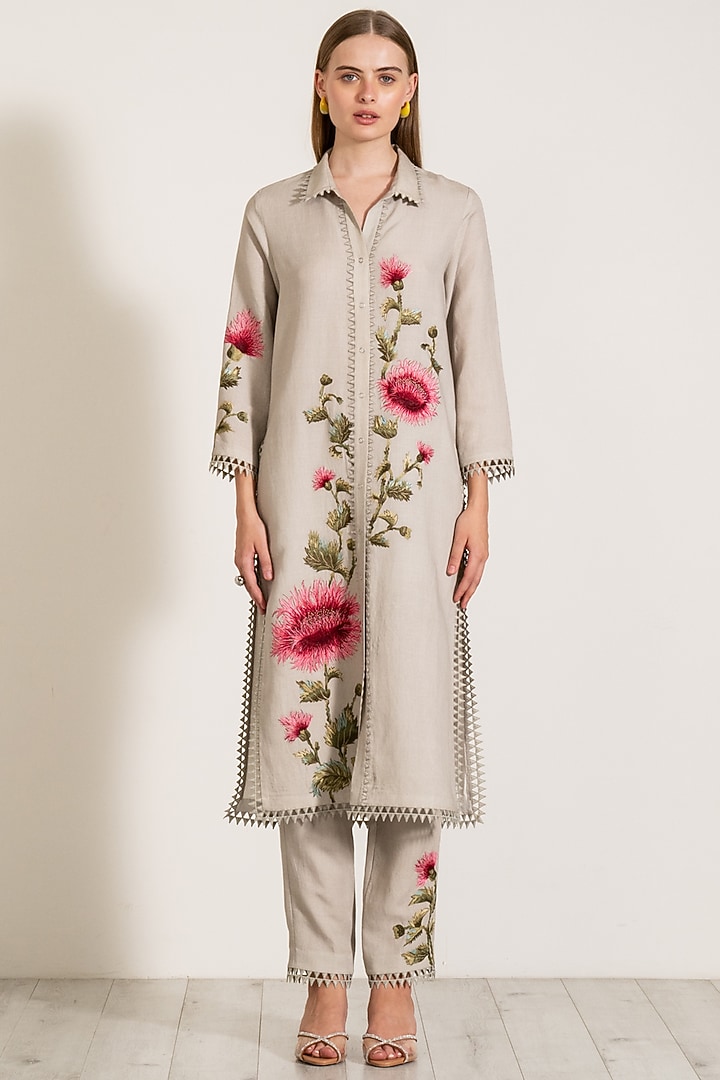 Grey Viscose Linen Embroidered Tunic Set by Ranna Gill at Pernia's Pop Up Shop