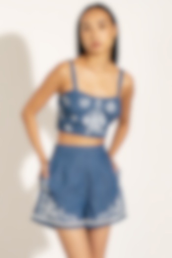 Blue Denim Eyelet Embroidered High-Waist Shorts by Ranna Gill at Pernia's Pop Up Shop