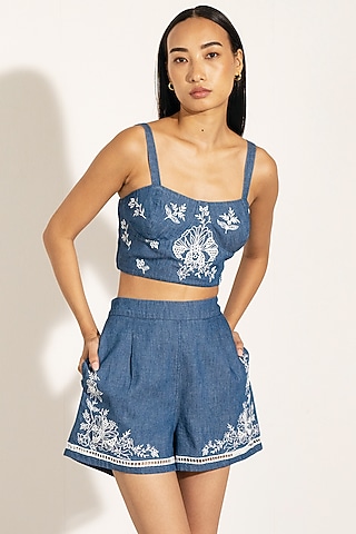 Blue Denim Eyelet Embroidered High-Waist Shorts by Ranna Gill