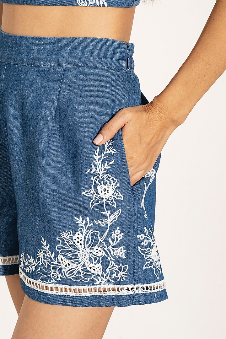 Blue Denim Eyelet Embroidered High-Waist Shorts by Ranna Gill at Pernia's Pop Up Shop
