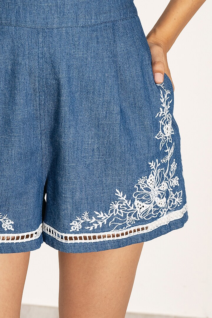 Blue Denim Eyelet Embroidered High-Waist Shorts by Ranna Gill at Pernia's Pop Up Shop