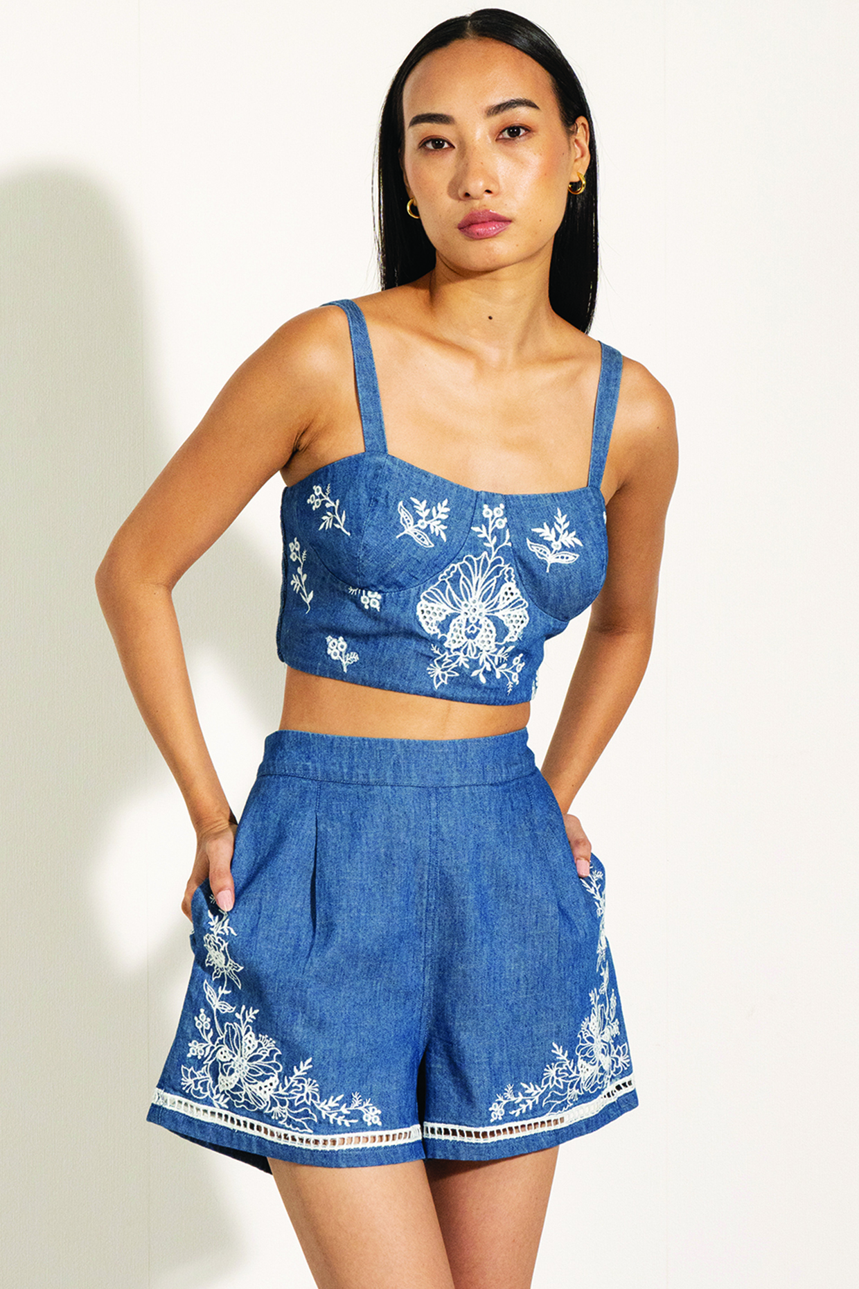 Blue Denim Eyelet Printed Bustier by Ranna Gill at Pernia's Pop Up Shop