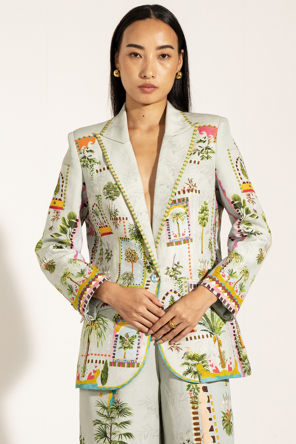 Green Viscose Linen Cypress Printed Jacket by Ranna Gill at Pernia's Pop Up Shop