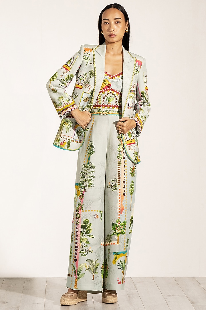 Green Viscose Linen Cypress Printed Wide-Leg Pants by Ranna Gill at Pernia's Pop Up Shop