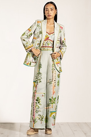 Green Viscose Linen Cypress Printed Wide-Leg Pants by Ranna Gill