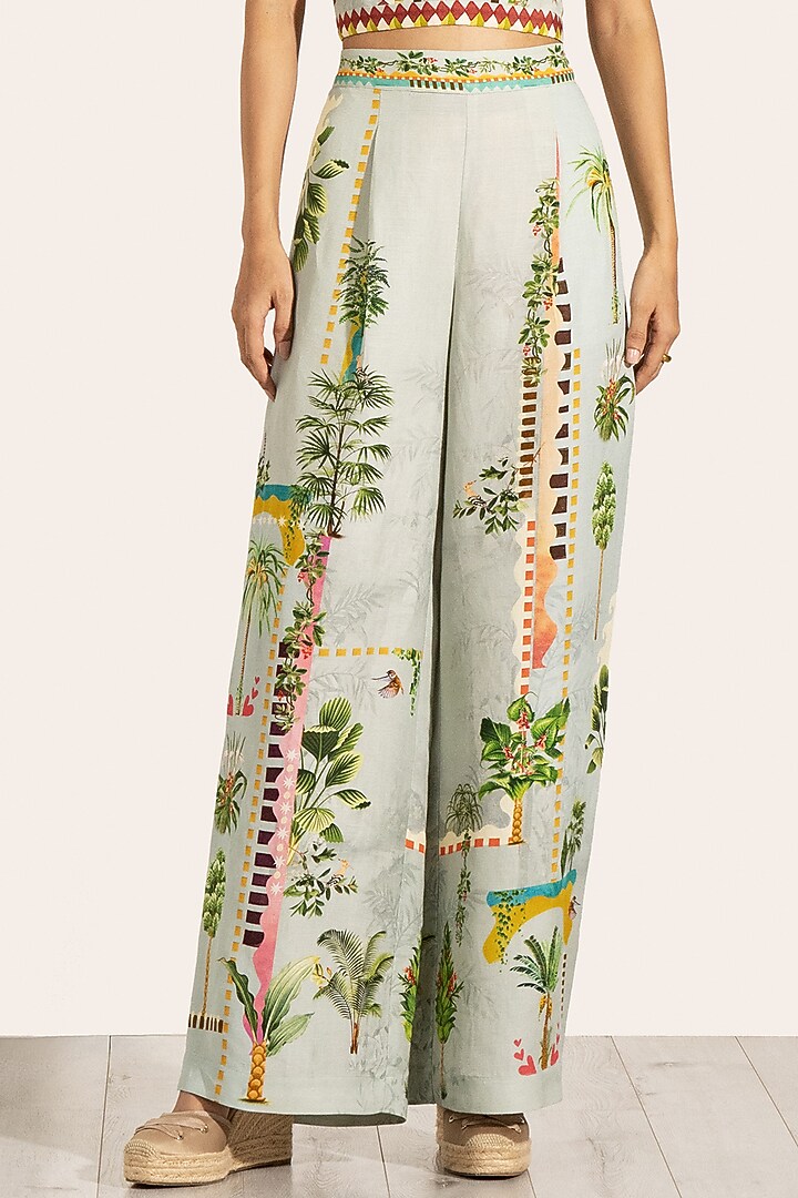 Green Viscose Linen Cypress Printed Wide-Leg Pants by Ranna Gill at Pernia's Pop Up Shop