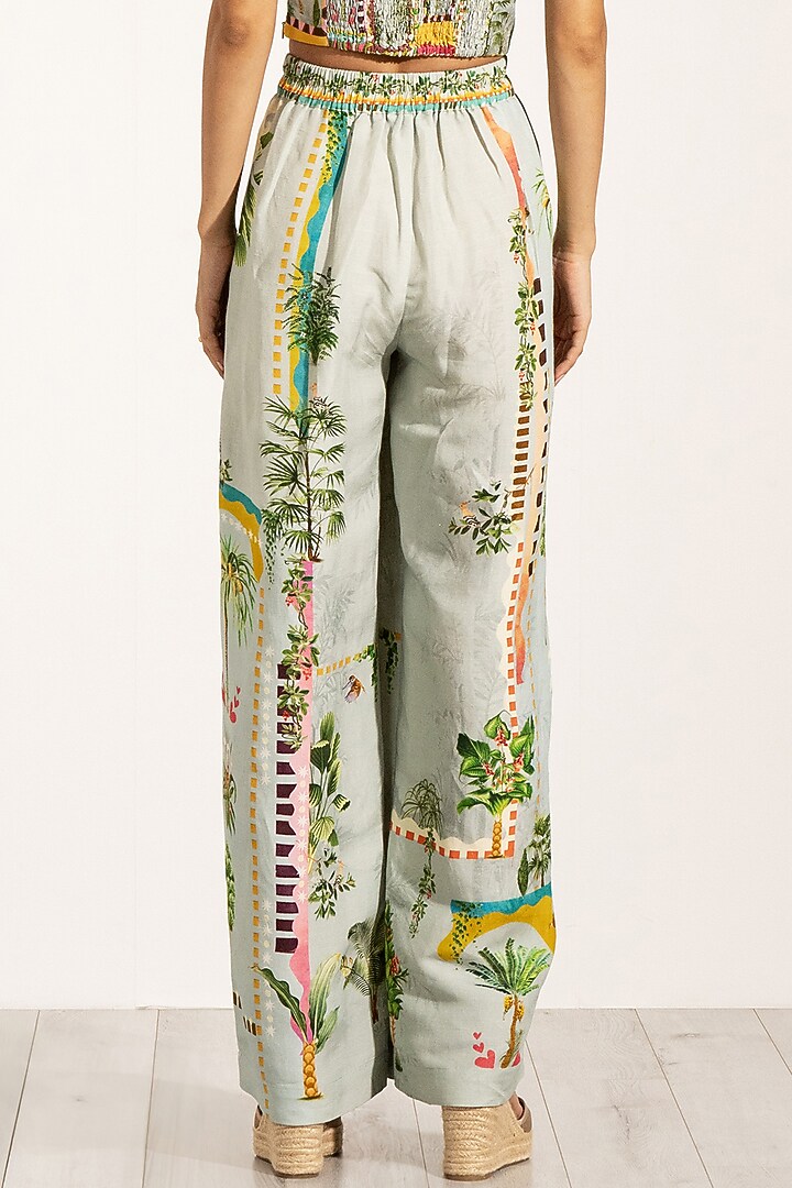 Green Viscose Linen Cypress Printed Wide-Leg Pants by Ranna Gill at Pernia's Pop Up Shop