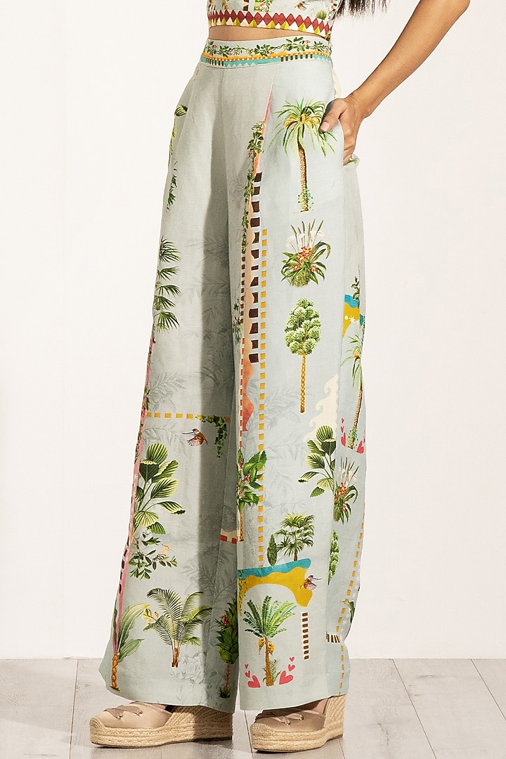 Green Viscose Linen Cypress Printed Wide-Leg Pants by Ranna Gill at Pernia's Pop Up Shop