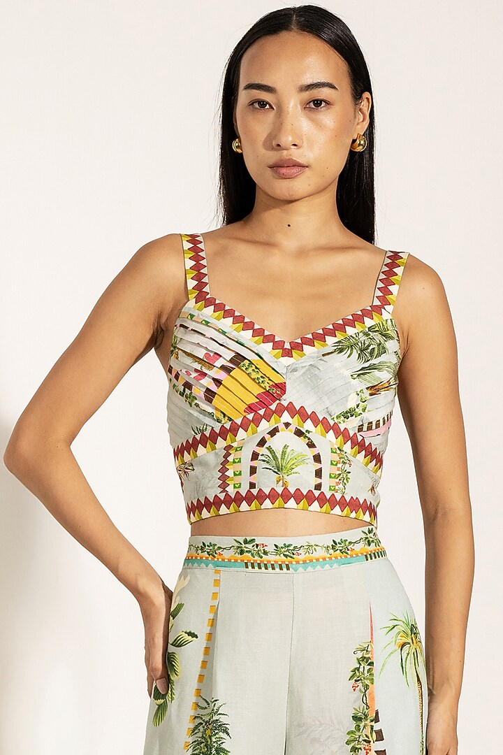 Green Viscose Linen Cypress Printed Bustier by Ranna Gill at Pernia's Pop Up Shop