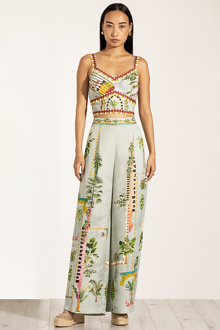 Green Viscose Linen Cypress Printed Bustier by Ranna Gill at Pernia's Pop Up Shop