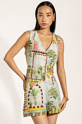 Green Viscose Linen Cypress Printed Waist-Coat by Ranna Gill