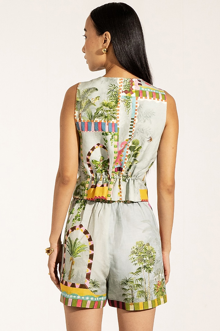 Green Viscose Linen Cypress Printed Waist-Coat by Ranna Gill at Pernia's Pop Up Shop