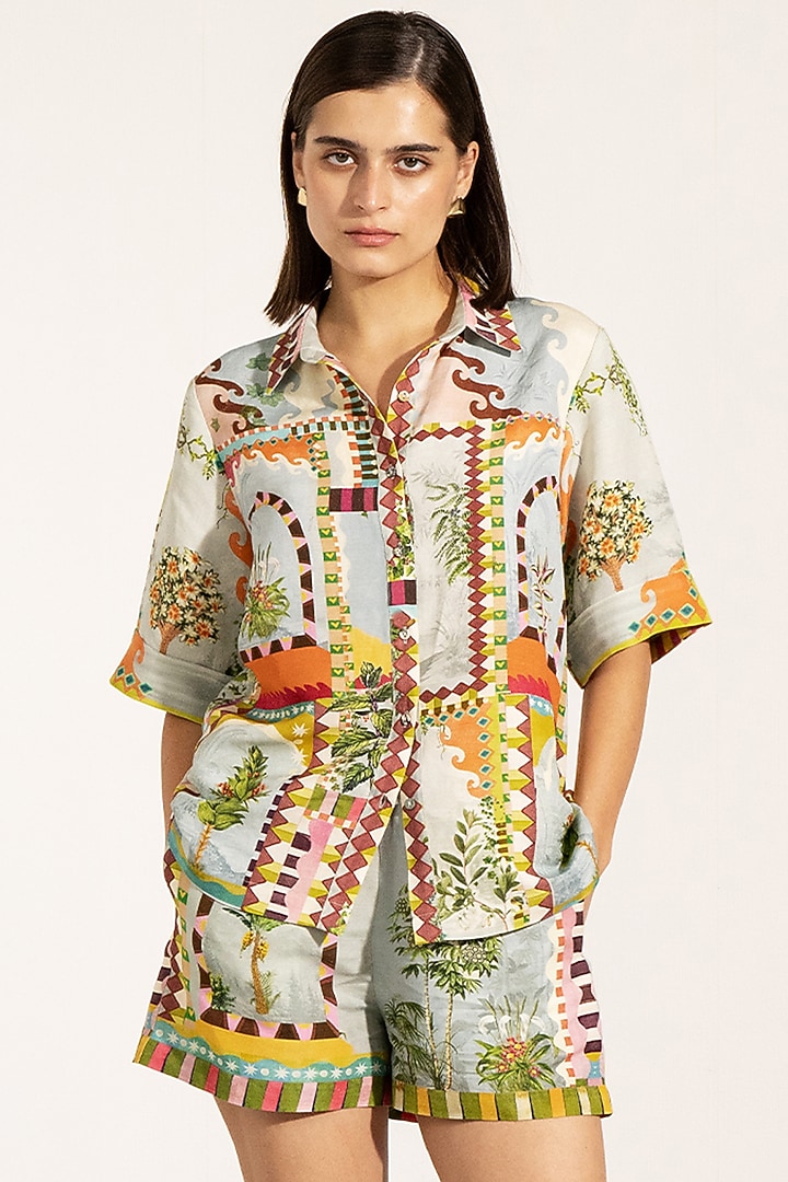 Green Viscose Linen Cypress Printed Shirt by Ranna Gill at Pernia's Pop Up Shop