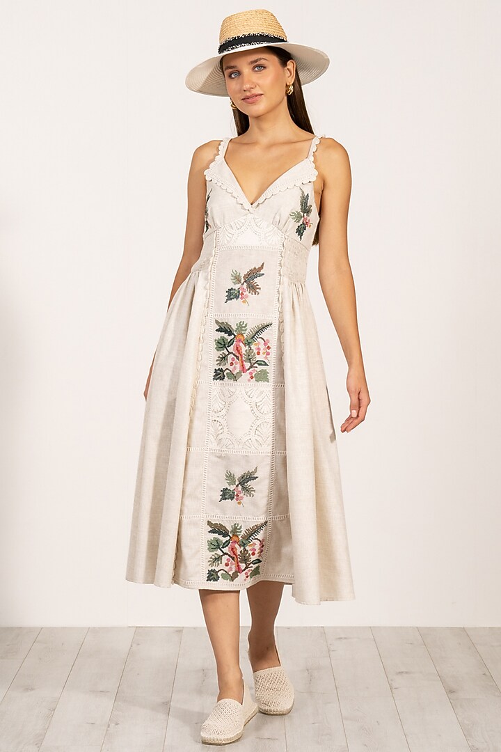 Beige Poly Flex Cross-Stitch Embroidered Midi Vacation Dress by Ranna Gill at Pernia's Pop Up Shop