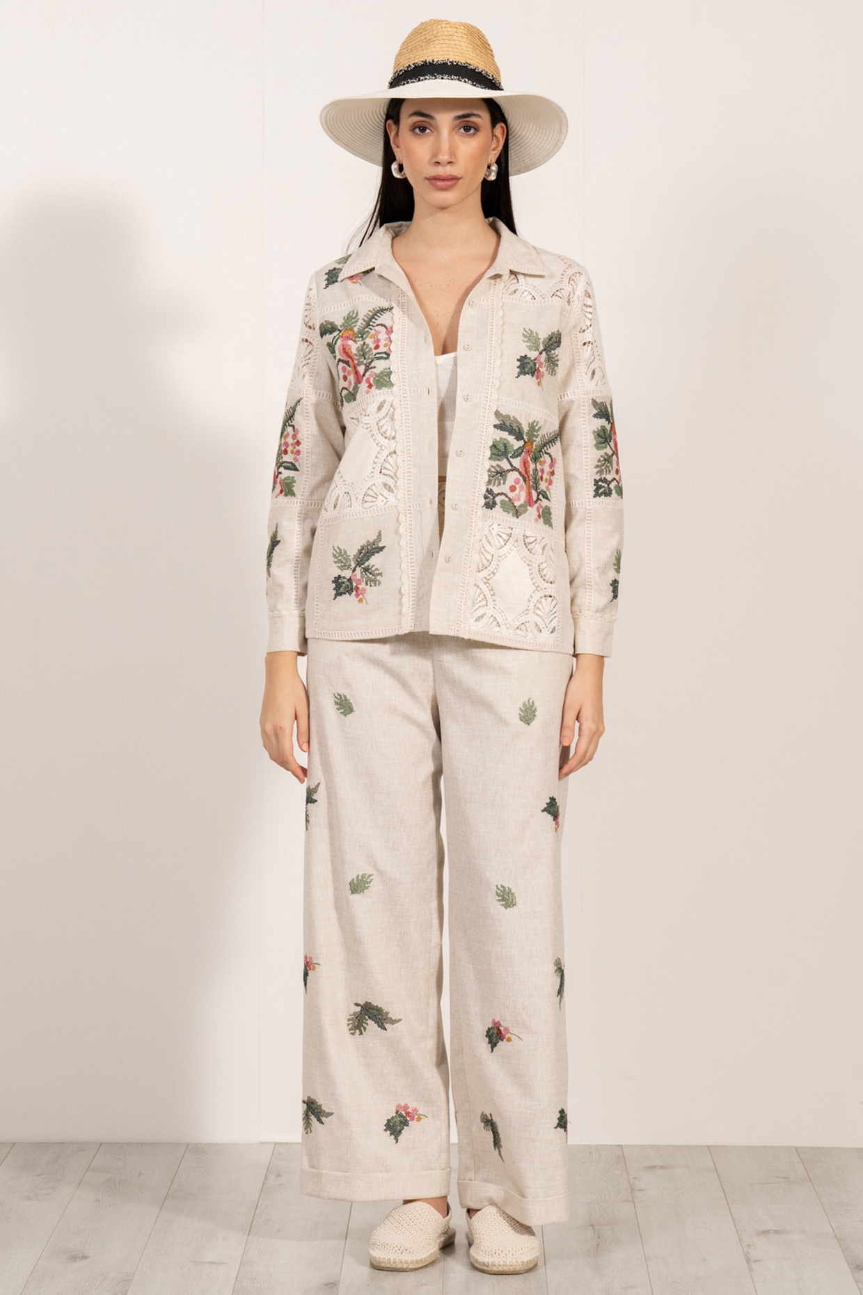 Beige Premium Linen Cross-Stitch Embroidered High-Waist Pants by Ranna Gill at Pernia's Pop Up Shop