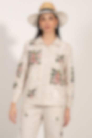 Beige Premium Linen Cross-Stitch Embroidered Shirt by Ranna Gill at Pernia's Pop Up Shop