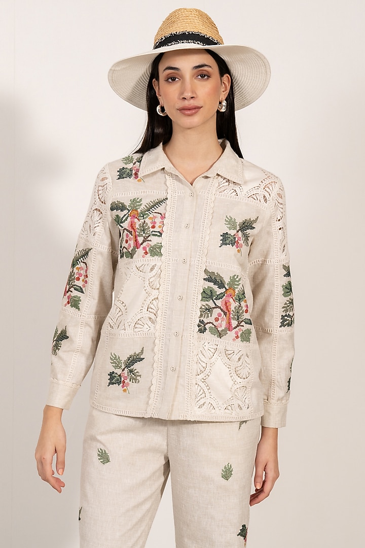 Beige Premium Linen Cross-Stitch Embroidered Shirt by Ranna Gill at Pernia's Pop Up Shop