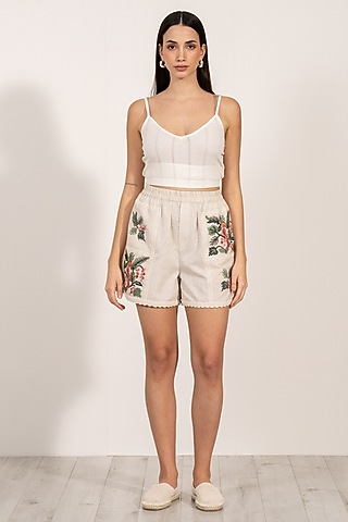 Beige Linen Cross-Stitch Embroidered Shorts by Ranna Gill