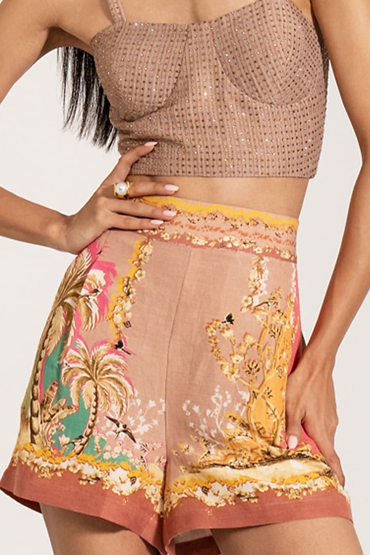 Multi-Colored Linen Viscose Blend Palm Beach Printed Shorts by Ranna Gill at Pernia's Pop Up Shop