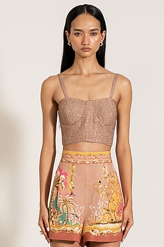 Multi-Colored Linen Viscose Blend Palm Beach Printed Bustier by Ranna Gill