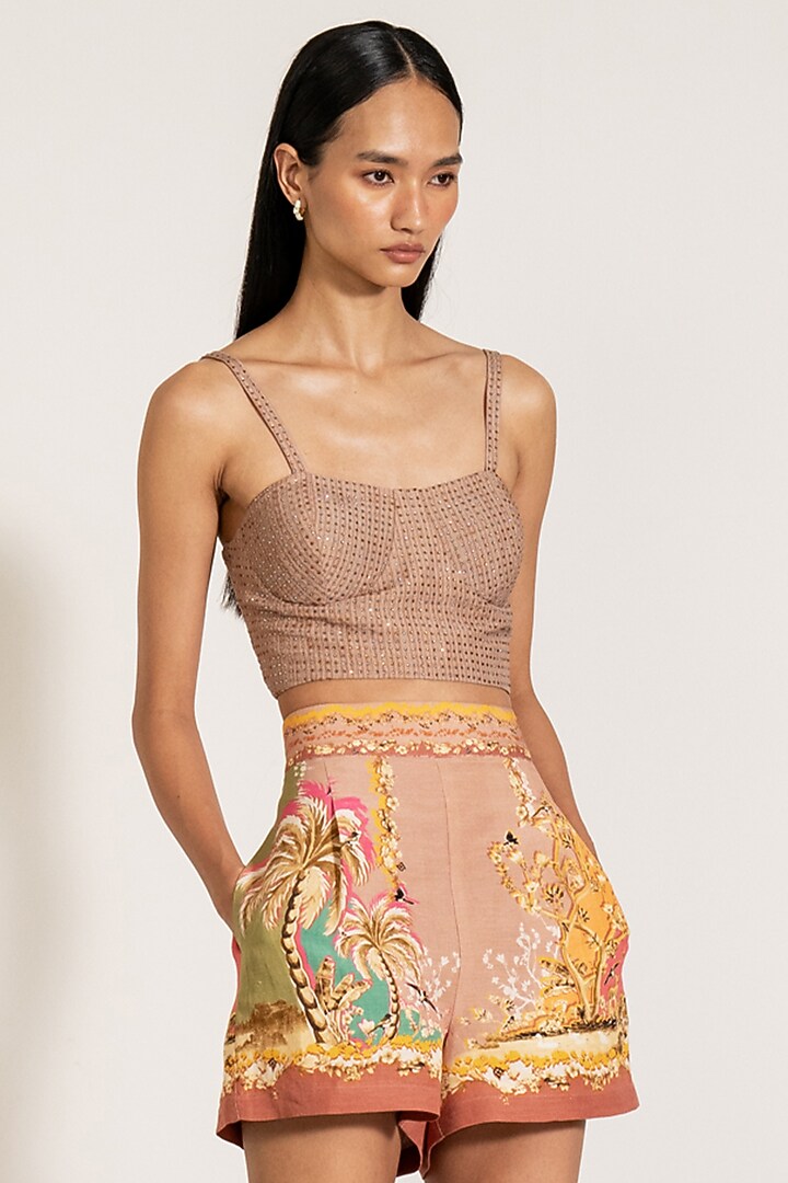 Multi-Colored Linen Viscose Blend Palm Beach Printed Bustier by Ranna Gill at Pernia's Pop Up Shop