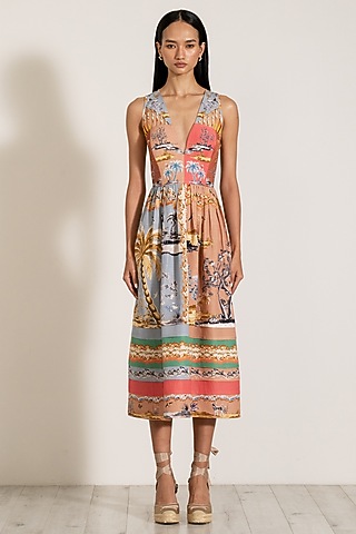 Multi-Colored Linen Blend Palm Beach Printed Midi Dress by Ranna Gill