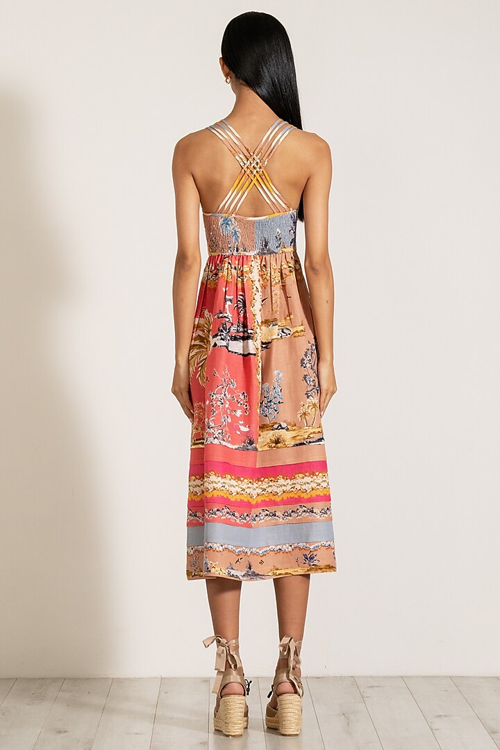 Multi-Colored Linen Blend Palm Beach Printed Midi Vacation Dress by Ranna Gill at Pernia's Pop Up Shop