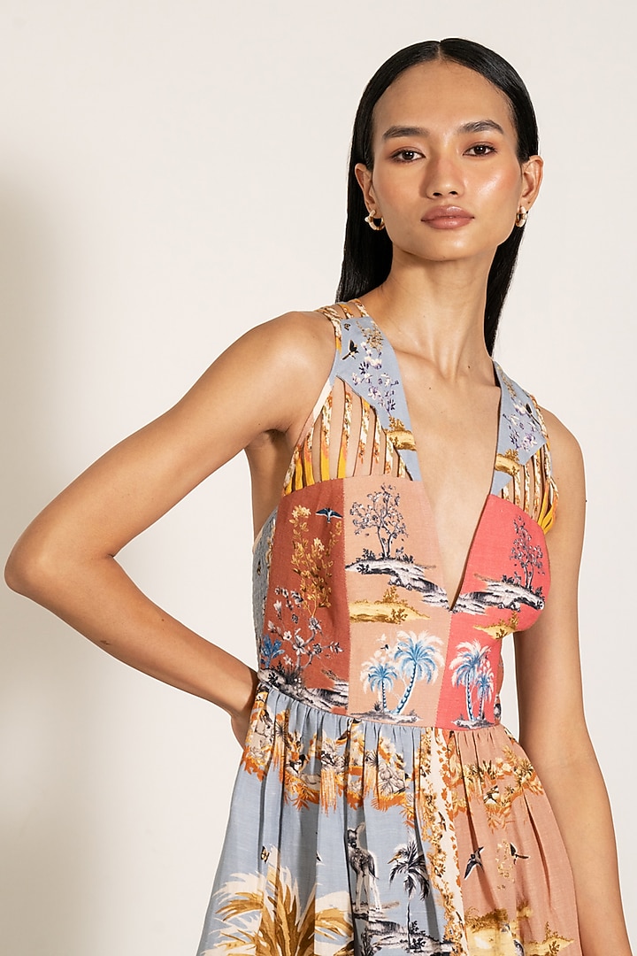 Multi-Colored Linen Blend Palm Beach Printed Midi Vacation Dress by Ranna Gill at Pernia's Pop Up Shop