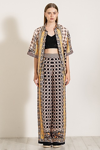 Brown Linen Blend Boca Printed Wide-Leg Pants by Ranna Gill