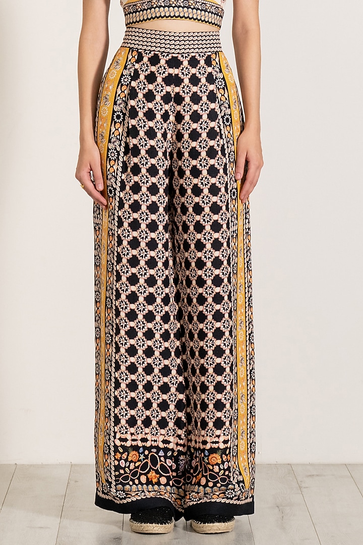 Brown Linen Blend Boca Printed Wide-Leg Pants by Ranna Gill at Pernia's Pop Up Shop
