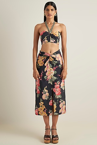 Black Viscose Linen Printed Top by Ranna Gill