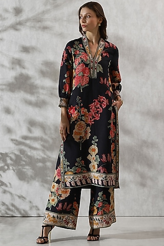 Black Viscose Linen Printed Tunic by Ranna Gill