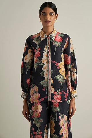 Black Viscose Linen Printed Shirt by Ranna Gill