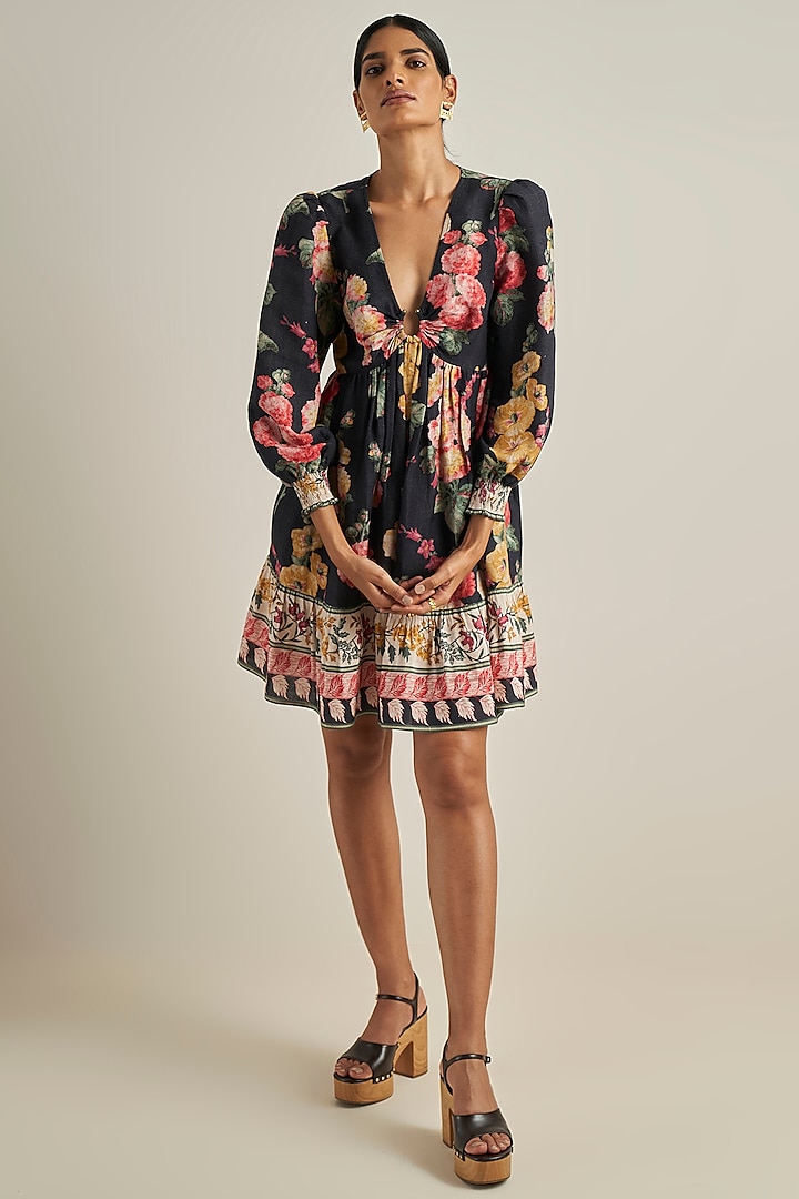 Black Viscose Linen Printed Flared Dress by Ranna Gill