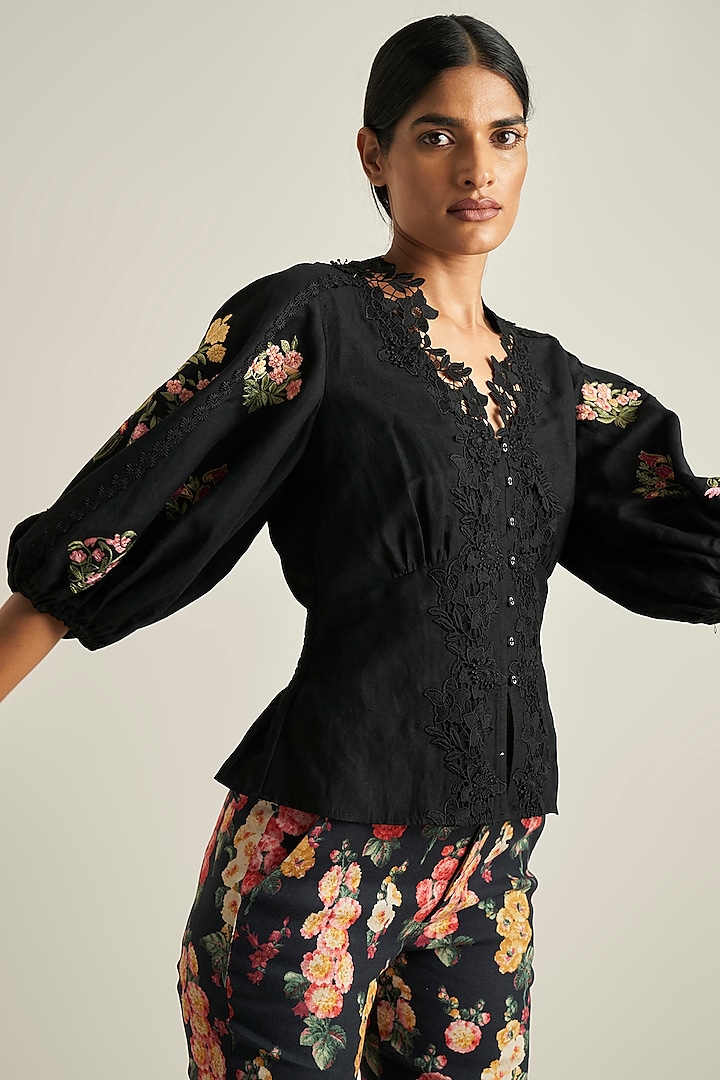 Black Viscose Linen Embroidered Top by Ranna Gill