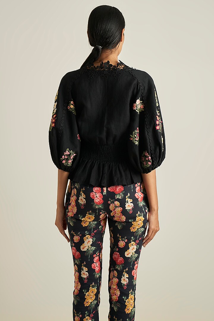 Black Viscose Linen Embroidered Top by Ranna Gill at Pernia's Pop Up Shop