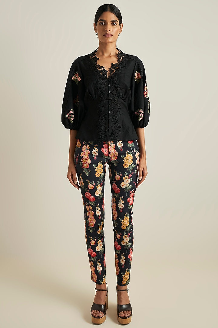 Black Viscose Linen Embroidered Top by Ranna Gill at Pernia's Pop Up Shop