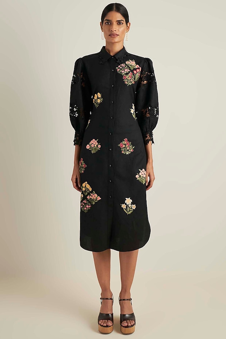 Black Viscose Linen Embroidered Dress by Ranna Gill