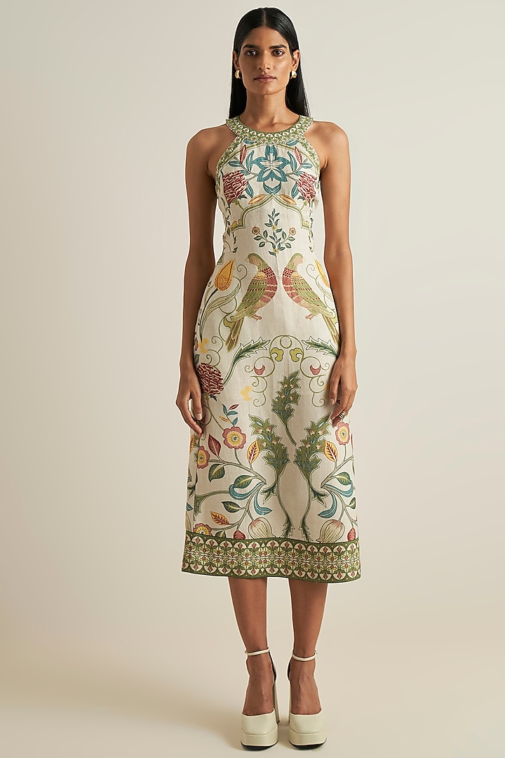 Multi-Colored Viscose Linen Printed Midi Vacation Dress by Ranna Gill at Pernia's Pop Up Shop