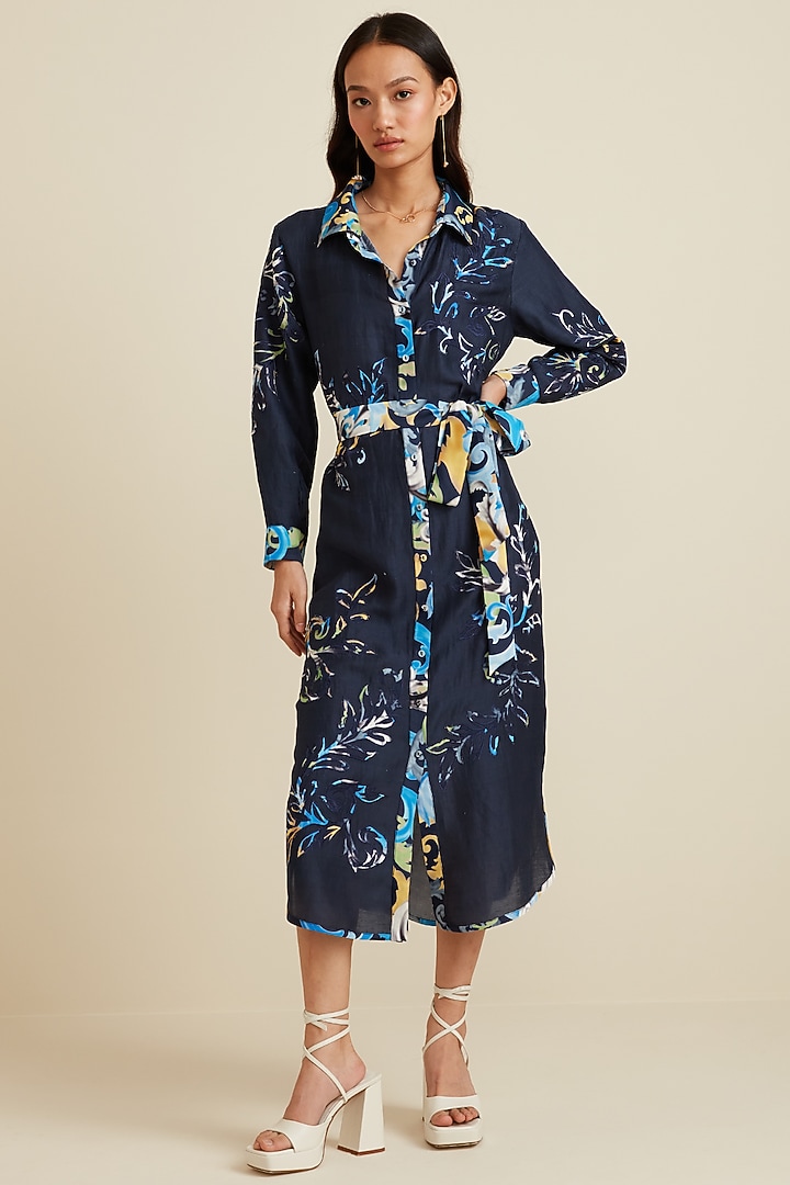 Navy Viscose Linen Vacation Shirt Dress by Ranna Gill at Pernia's Pop Up Shop