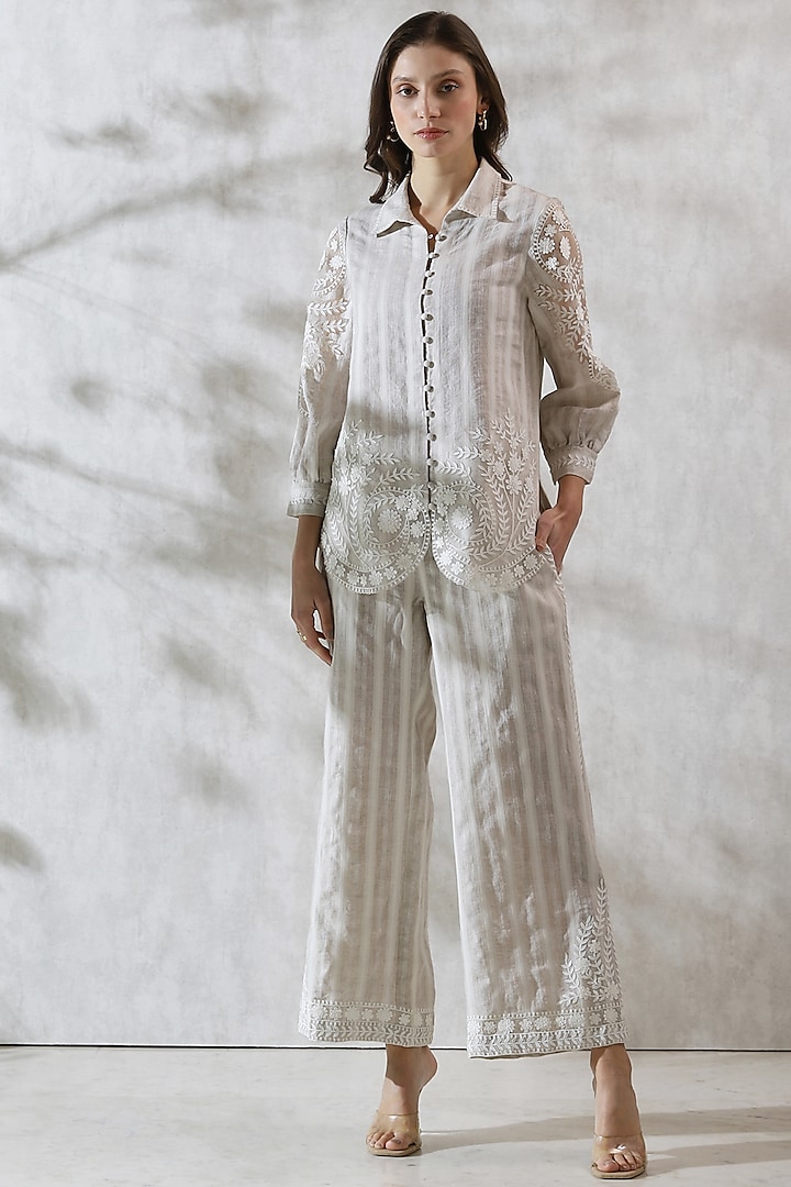 White Viscose Linen Embroidered Shirt by Ranna Gill