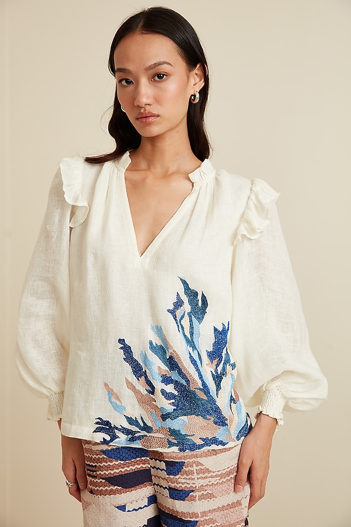 Ivory Linen Embroidered Top by Ranna Gill