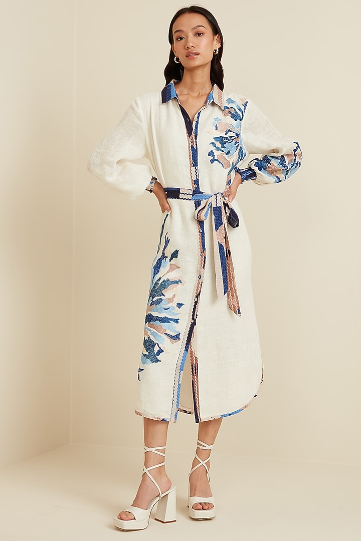 Ivory Linen Embroidered Vacation Dress by Ranna Gill at Pernia's Pop Up Shop