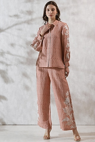 Red Viscose Linen Embroidered Shirt by Ranna Gill