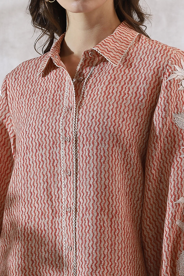 Red Viscose Linen Embroidered Shirt by Ranna Gill at Pernia's Pop Up Shop