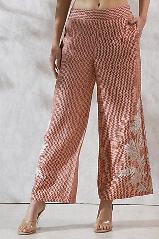 Red Viscose Linen Embroidered Pants by Ranna Gill