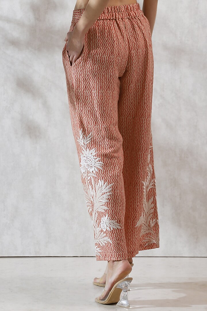 Red Viscose Linen Embroidered Pants by Ranna Gill at Pernia's Pop Up Shop