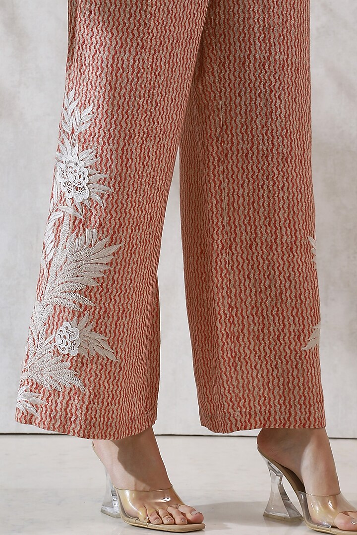 Red Viscose Linen Embroidered Pants by Ranna Gill at Pernia's Pop Up Shop
