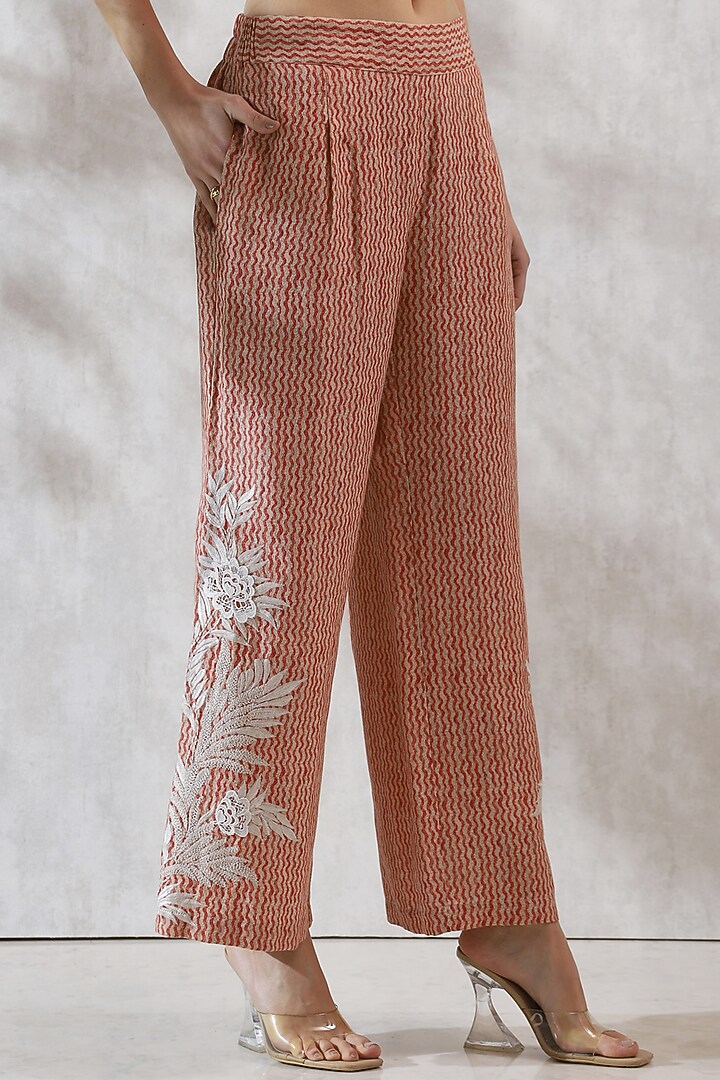 Red Viscose Linen Embroidered Pants by Ranna Gill at Pernia's Pop Up Shop